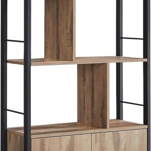 Boekenplank, grote boekenkast met deuren, 4 planken, staalstructuur, industriële stijl, voor woonkamer, kantoor, geroosterd eikenhout kleur en zwart