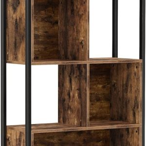 Bookshelf, boekenkast, kubusopslagrek, kamerverdeler met stalen frame, kinderkamer, keuken, woonkamer, thuiskantoor, industriële stijl, rustiek bruin en zwart