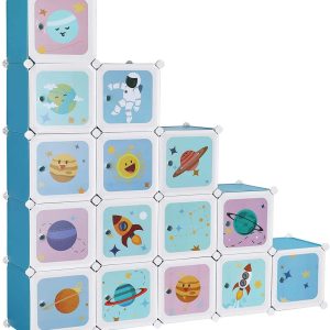 Rekkensysteem Met 15 Kubussen, Opbergkast Voor Kinderen, Boutloze Rekken, Plastic Schoenenrek, Garderobe Met Deuren, Multifunctioneel, Schoenen, Speelgoed, 153 X 31 X 153 Cm, Blauw