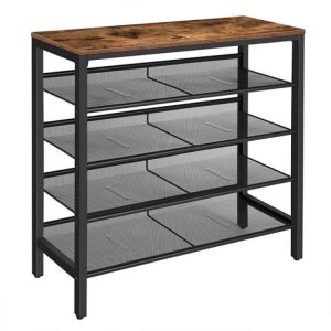 Schoenenrek, 5-laags schoenenopslageenheid Flat & amp;Schuine verstelbare schoenorganisator plank voor 16 paren, duurzaam en stabiel, voor ingang, gang, kast, slaapzaal, industrieel, rustiek bruin