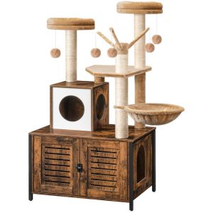 Cat Tree met kattenbak behuizing, krabpalen, kattenbak behuizing meubels voor binnenkatten, alles-in-één houten kattentoren condo huis met kattenhangmat, rustiek bruin