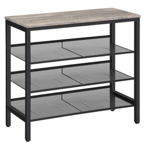 Industrieel schoenenrek, 4-laags schoenenplank, opslagorganisator-eenheid met 3 mesh planken, houten uiterlijk accentmeubilair met metalen frame, voor ingang, woonkamer, gang, greige