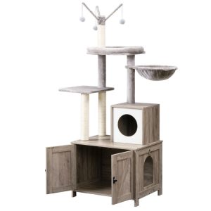 Cat Tree Tower met kattenbak behuizing voor binnenkatten, houten kattencondo met krassende palen, katten kattenbakmeubilair verborgen, alles-in-één kattenspeelgoed met kattenhuis, Greige