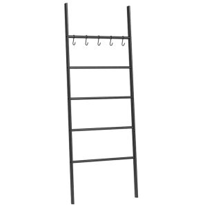 Dekenladder, handdoekrek, 5-laags ladderplank, decoratieve muurleunt ladderrek, 5 haken, dekenhouder, weergavekrek voor badkamer, zwarte