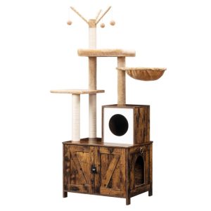 Katboom met kattenbak behuizing voor binnenkatten, houten kattencondo met krassende palen, kattenbakmeubels verborgen, alles-in-één kattenspeelgoed met kattenhuis, greige