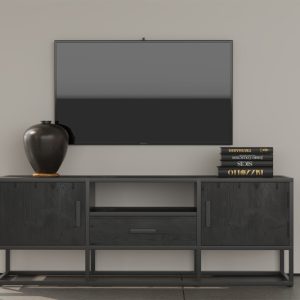Tv-meubel ‘Madeira’ 140 cm Mangolia zwart, Structuur metaal en blad exotisch hout mangolia