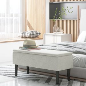 Opbergstoel – – Crèmekleurige bank met fluwelen look – Ideaal voor woonkamer